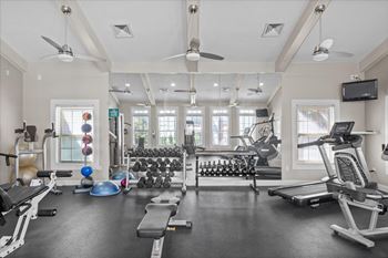 A spacious gym with a variety of equipment including treadmills, weights, and a television.